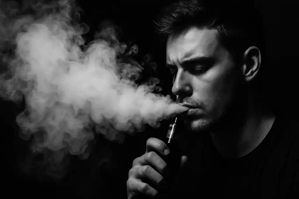 Фотография курения вейпа с жидкостью